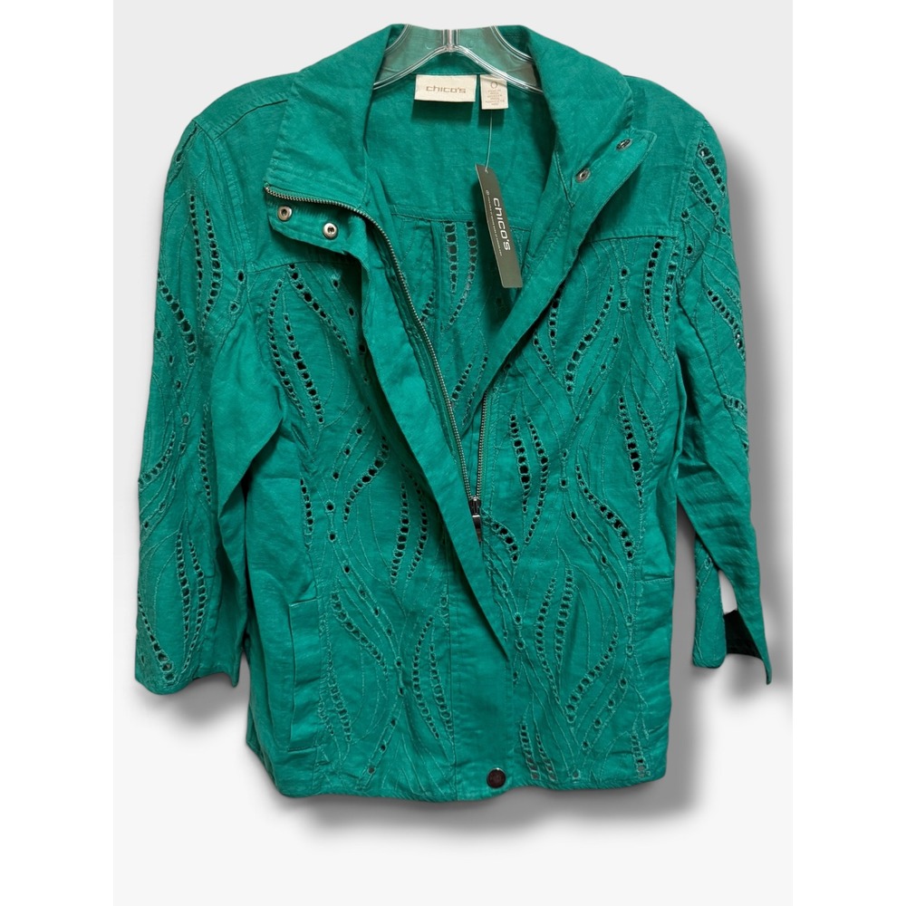 Chico's Eyelet Linen Jacket Congo Green 100% Linen NWT Size 0 $129 S 4 NEW